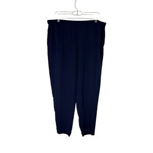 Eileen Fisher Navy Blue 100% Silk Crepe Elastic Waist Ankle Pants Womens Large
